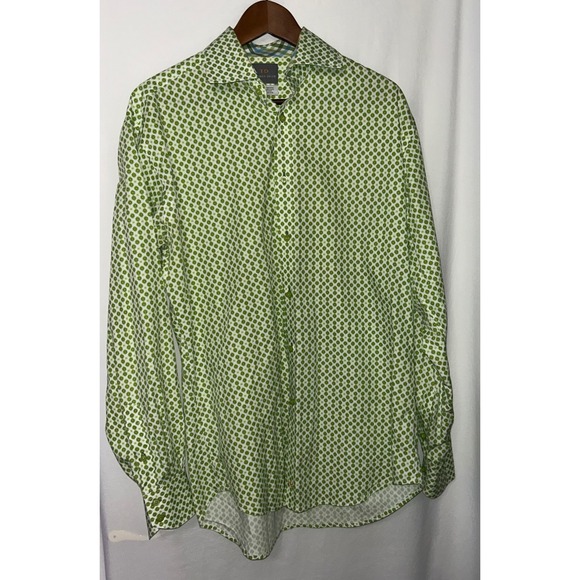 Thomas Dean Mens Green Geometric Print Button Up Long Sleeve Shirt Large - Picture 1 of 7